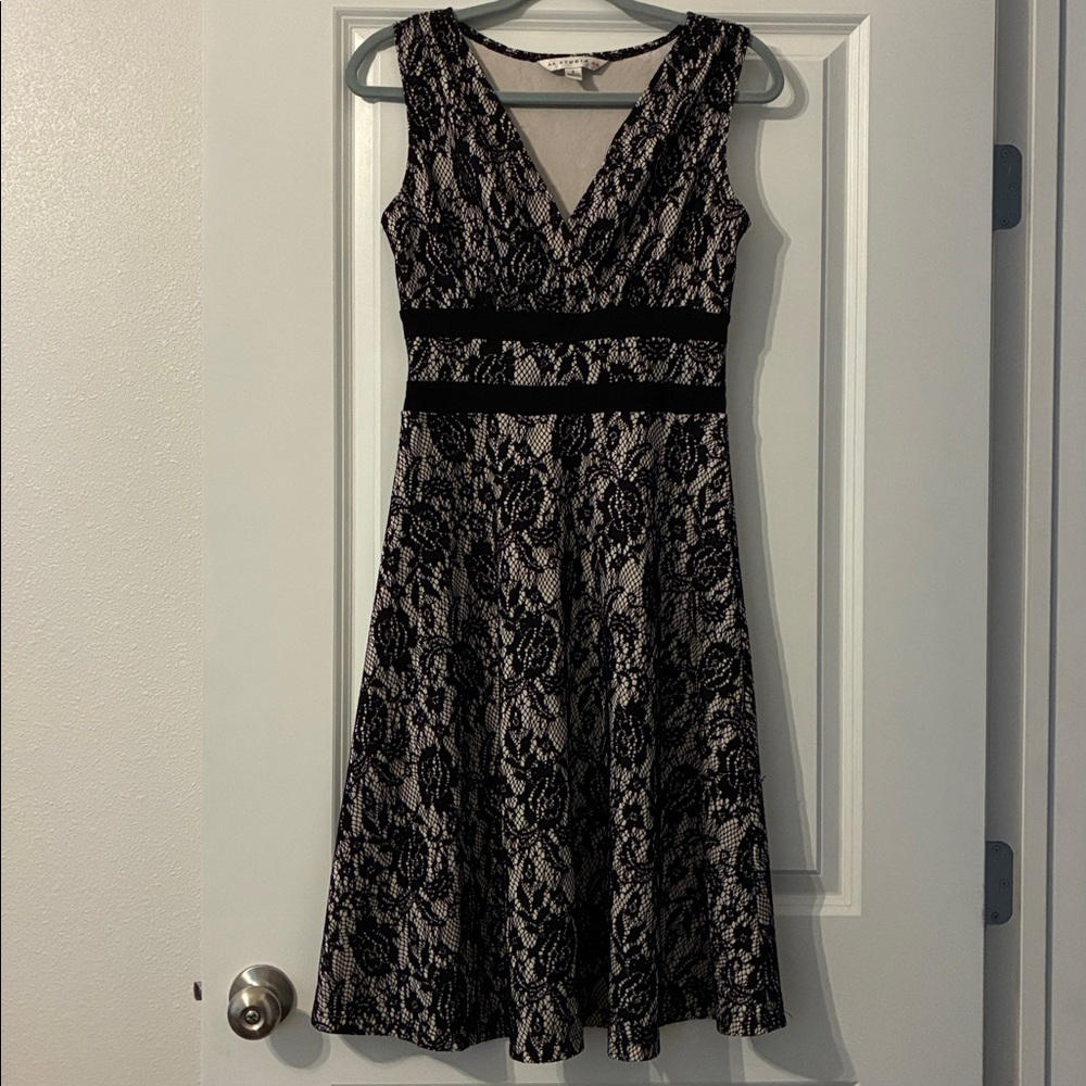 AA Studio Black Lace Overlay Tan Dress-Fit & Flare, V-Neck Cocktail Dress Size 6